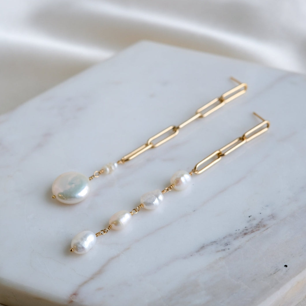 Pearl Dream Asymmetrical Gold Chain Earrings