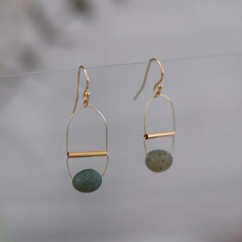 Gold Art Deco Earrings with Misty Green Agate