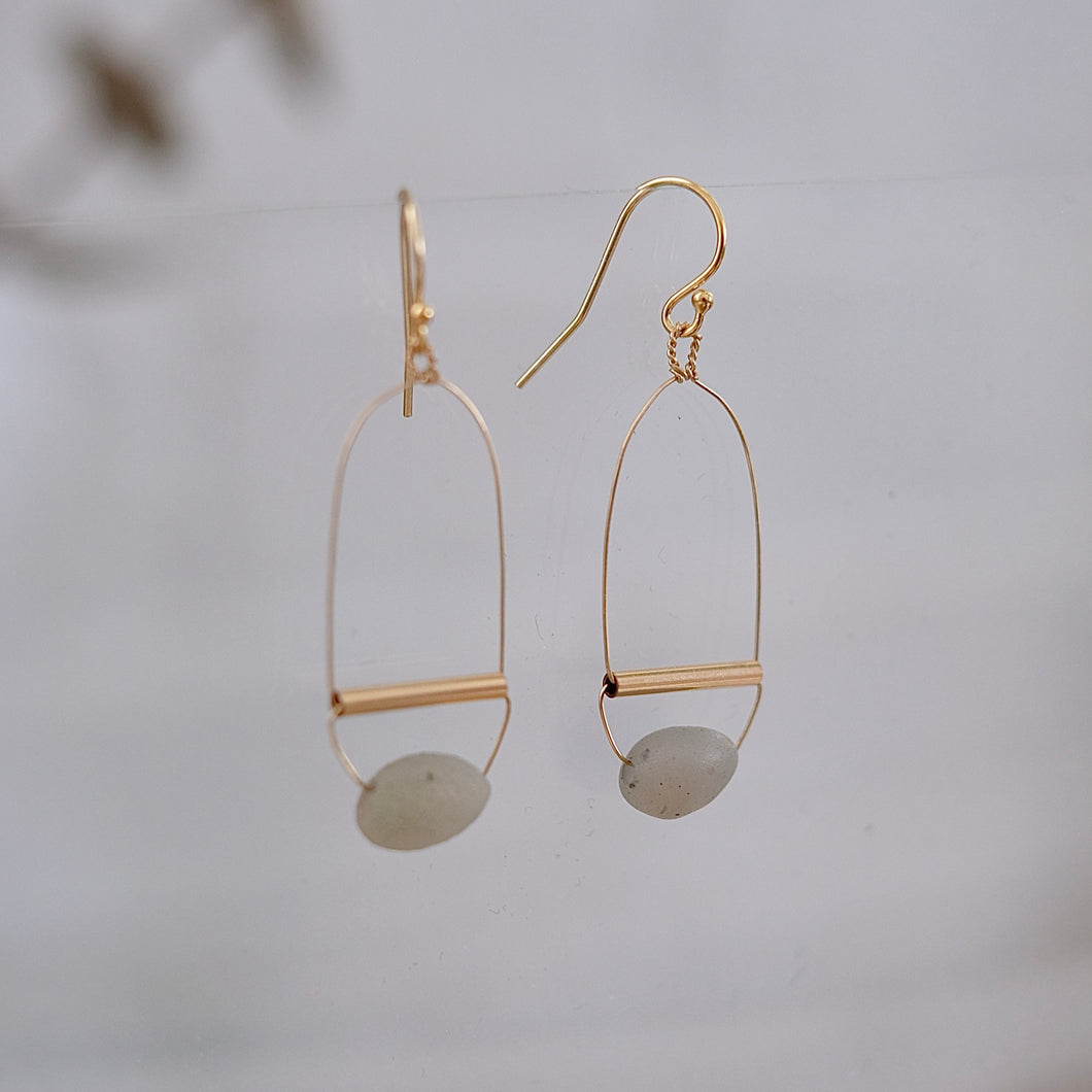 Gold Art Deco Earrings with Misty White Agate