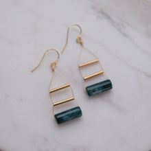 Load image into Gallery viewer, Gold Art Deco Earrings with Indian Teal Agate