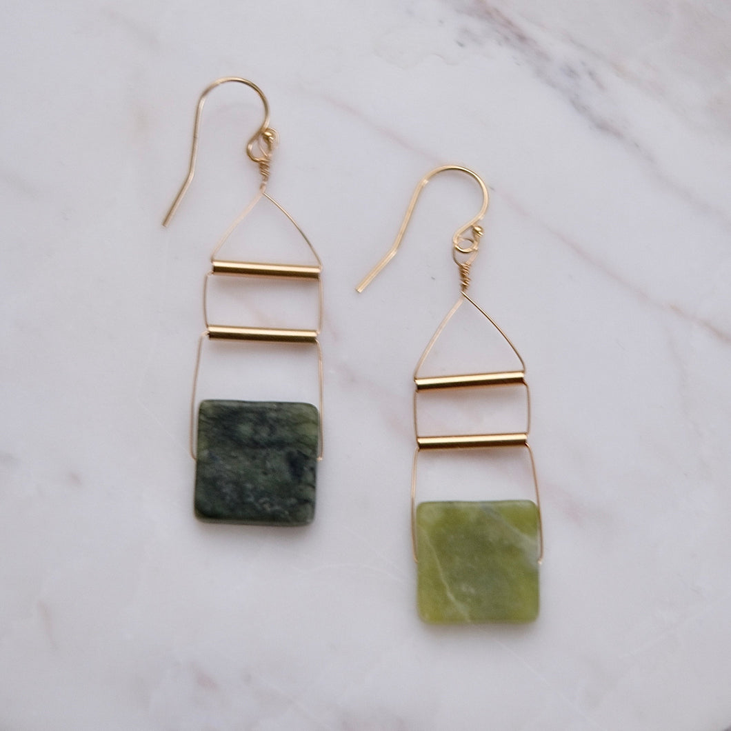 Gold Art Deco Earrings with Matcha Jade
