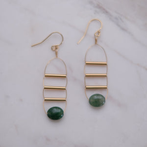 Gold Art Deco Earrings with Moss Agate Stone