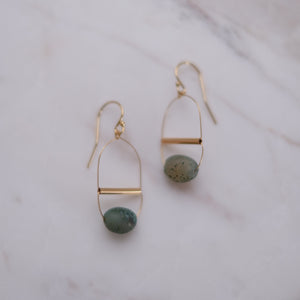 Gold Art Deco Earrings with Misty Green Agate