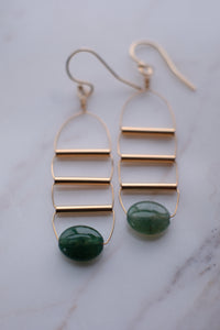 Gold Art Deco Earrings with Moss Agate Stone