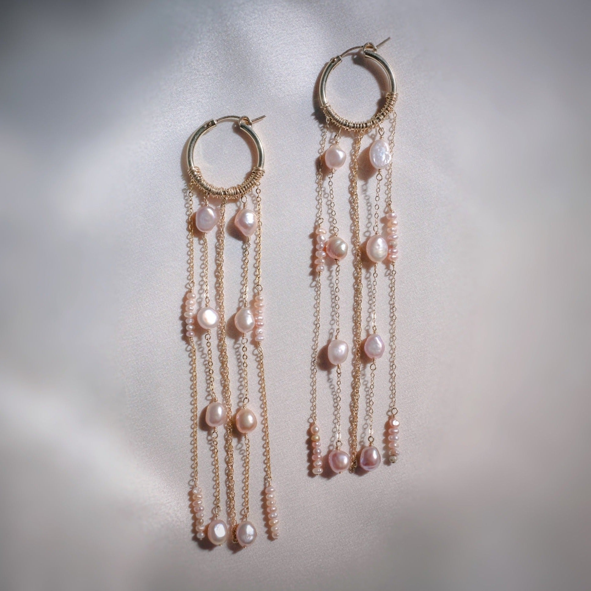 Waterfall Gold Pearl Hoop Earrings Maze Handmade