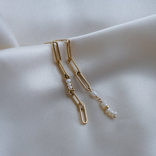 Pearl Rain Asymmetrical Gold Chain Earrings