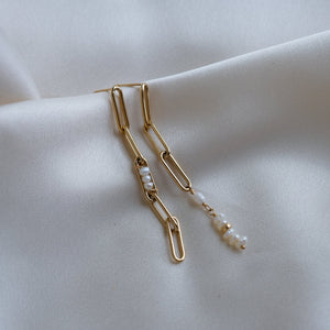 Pearl Rain Asymmetrical Gold Chain Earrings