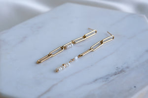 Pearl Rain Asymmetrical Gold Chain Earrings