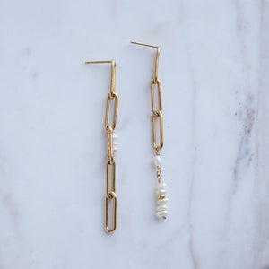 Pearl Rain Asymmetrical Gold Chain Earrings