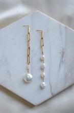 Load image into Gallery viewer, Pearl Dream Asymmetrical Gold Chain Earrings