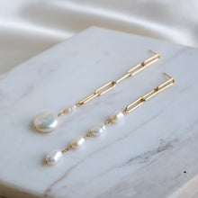 Load image into Gallery viewer, Pearl Dream Asymmetrical Gold Chain Earrings