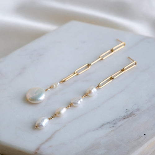 Pearl Dream Asymmetrical Gold Chain Earrings