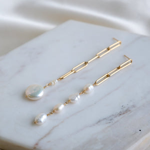 Pearl Dream Asymmetrical Gold Chain Earrings